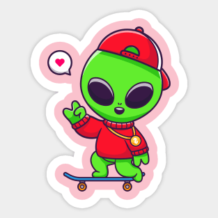 Cool Alien Playing Skateboard Cartoon Sticker